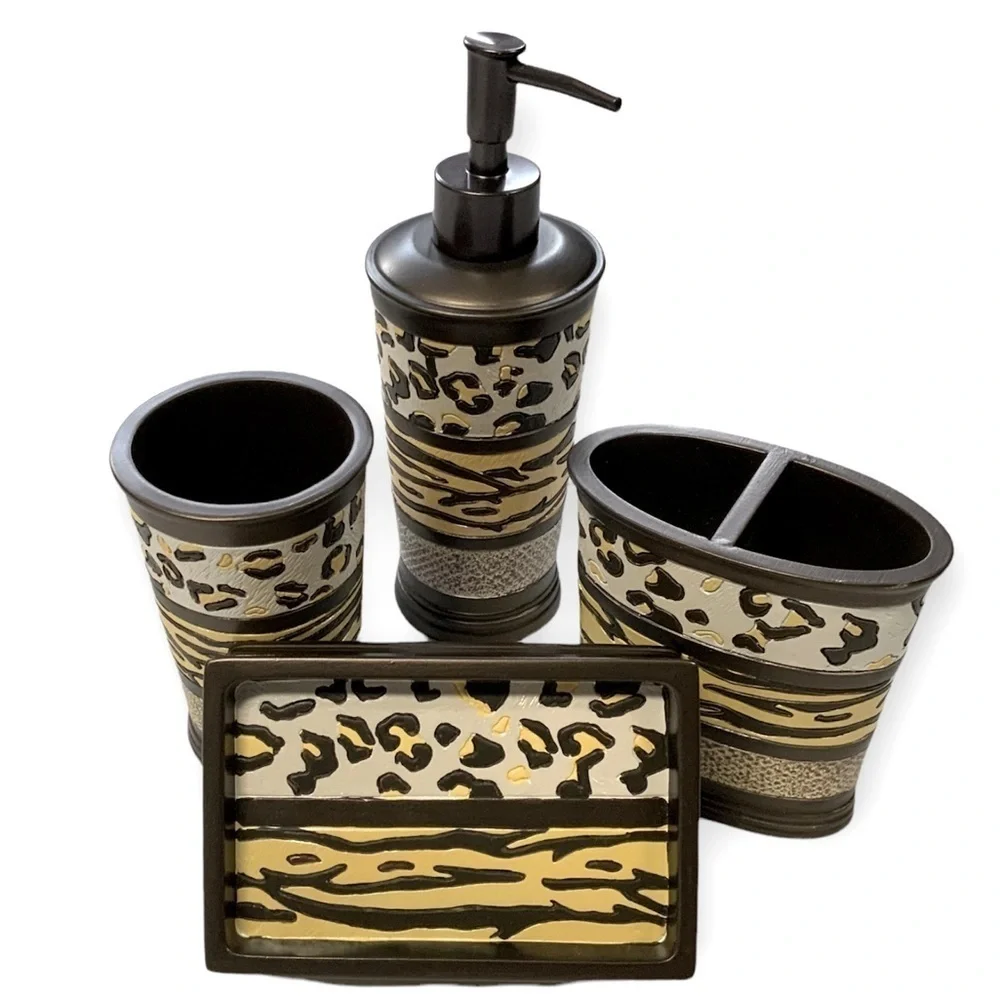 Animal Print Exotic Bathroom Accessory 4 Piece Set Brown Tan Multicolor Gazelle